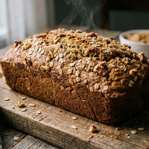 Puede incluir: Un pan recién horneado, cubierto con avena y nueces, descansa sobre una tabla de cortar de madera. El vapor se eleva del pan caliente, lo que sugiere que acaba de salir del horno. También se ven un cuchillo, mantequilla y un cuenco de azúcar moreno.