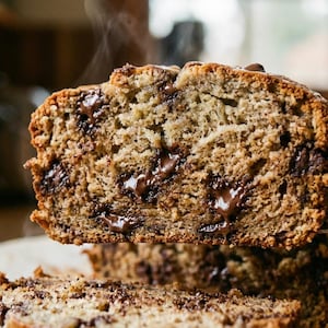 May include: A slice of freshly baked banana bread with visible chocolate chips and melted chocolate. The bread is held up by a knife, with steam rising from the warm loaf. The bread is on a piece of parchment paper.