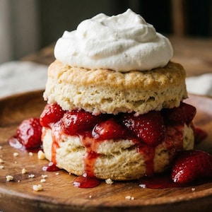 Könnte beinhalten: Ein Erdbeerkuchen auf einem Holzbrett. Der Kuchen besteht aus zwei goldbraunen Keksen, gefüllt mit frischen Erdbeeren und Erdbeersauce, und mit Schlagsahne bedeckt. Der Teller ist rund und aus Holz.