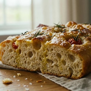 May include: A loaf of focaccia bread, cut in half, with a golden-brown crust and a porous interior. Garnished with rosemary sprigs, cherry tomatoes, and coarse salt. The bread rests on a linen cloth on a wooden surface.
