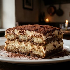 Könnte beinhalten: Ein Stück Tiramisu auf einem weißen Teller, mit Kakaopulver bestäubt. Das Dessert besteht aus Schichten von Löffelbiskuits, cremiger Füllung und einem Kakaopulverbelag. Der Teller steht auf einem Holztisch, mit einem verschwommenen Hintergrund eines Restaurants.
