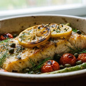 Può includere: Filetto di pesce al forno con pomodorini arrosto, asparagi e fette di limone in una pirofila di ceramica. Il piatto è guarnito con erbe aromatiche e capperi, mostrando un pasto sano e gustoso.