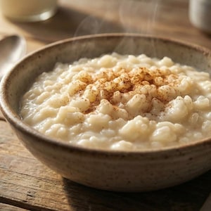 Puede incluir: Un cuenco de arroz con leche cremoso, espolvoreado con canela, sobre una mesa de madera rústica. Una cuchara de plata y palitos de canela están colocados cerca. El postre caliente se sirve en un cuenco de cerámica moteada.
