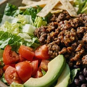 Può includere: Una ciotola di insalata colorata piena di ingredienti freschi. Presenta lattuga romana tritata, pomodori a cubetti, fette di avocado, fagioli neri, chicchi di mais e carne macinata condita, guarnita con strisce di tortilla.