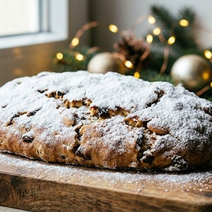 May include: A traditional stollen cake, covered in icing sugar, rests on a wooden board. The background features Christmas decorations, including fir branches, baubles, and fairy lights, evoking a festive atmosphere.