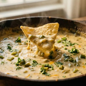May include: A cast iron skillet filled with creamy queso dip, garnished with green herbs and diced peppers. A tortilla chip is dipped into the cheese, with cheese strings stretching from the chip to the dip. Steam rises from the hot dish.