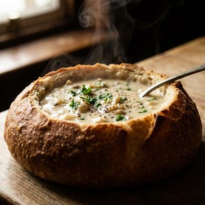 Puede incluir: Un cuenco humeante de sopa cremosa servido en un pan ahuecado, con una cuchara de plata. La sopa está adornada con hierbas frescas y pimienta negra, sobre una superficie de madera cerca de una ventana.