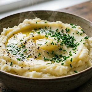 Op de afbeelding: Een kom romige aardappelpuree, gegarneerd met gesmolten boter, verse bieslook en zwarte peper. De beige keramische kom staat op een houten oppervlak, met een lepel en een servet aan de zijkant. Stoom stijgt op van het warme gerecht.