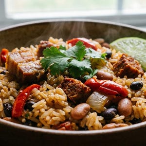Puede incluir: Primer plano de un plato de arroz con frijoles negros, pimientos rojos y trozos de carne. El plato está adornado con una rodaja de lima y cilantro. El arroz está humeando. El cuenco es marrón.
