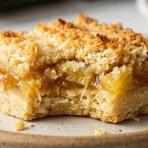 Puede incluir: Primer plano de una porción de postre en un plato. El postre tiene una cobertura dorada y desmenuzable y un relleno amarillo. Se ha dado un mordisco al postre, revelando las capas.