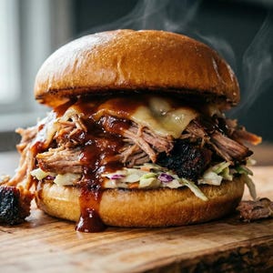Pode incluir: Close-up de uma sanduíche de porco desfiado numa tábua de madeira. A sanduíche apresenta um pão torrado, salada de repolho, porco desfiado, queijo derretido e molho barbecue. Vapor sobe da sanduíche.