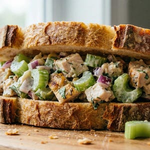 May include: A close-up of a chicken salad sandwich on a wooden cutting board. The sandwich is made with toasted bread, chicken, celery, and red onion. The sandwich is cut in half, and the filling is visible. The bread is golden brown and the filling is a creamy white color.