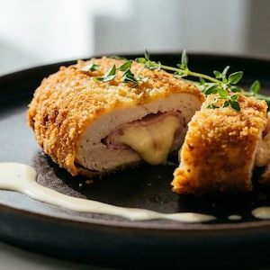 May include: Chicken cordon bleu, coated in breadcrumbs and fried, with ham and melted cheese visible. Garnished with herbs, served on a dark plate with a creamy sauce and asparagus.