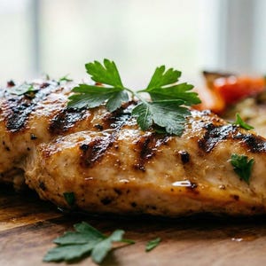 以下が含まれることがあります： 木製のまな板に、焼き目がついたグリルチキン。新鮮なパセリで飾り付けられています。トマト、ナス、ジャガイモなどのロースト野菜を添えた、健康的で美味しい食事です。