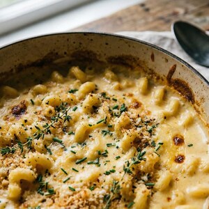 Puede incluir: Primer plano de un plato de macarrones con queso horneados en una sartén de hierro fundido. El plato es de color marrón dorado con una cobertura crujiente y adornado con hierbas frescas. Una cuchara y una servilleta están en el fondo.