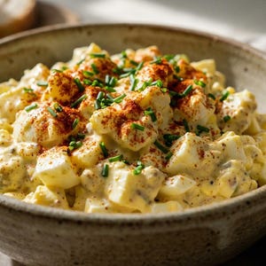May include: A close-up shot of a bowl filled with egg salad. The salad is a creamy yellow color, with visible chunks of egg and a sprinkle of paprika and chives on top. Slices of bread are in the background.