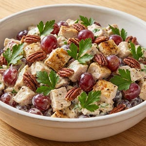 May include: A white bowl filled with chicken salad. The salad contains cubed chicken, red grapes, pecans, and parsley. The bowl has two handles and sits on a light brown wooden surface.