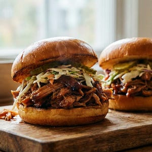May include: Two pulled pork sandwiches on brioche buns, topped with coleslaw and pickles, sit on a wooden cutting board. A bottle of beer is in the background. The sandwiches are a delicious meal.