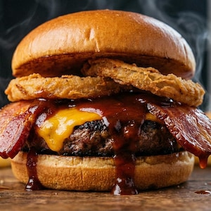 May include: A close-up of a gourmet burger on a wooden surface. The burger features a toasted bun, a beef patty, melted cheese, crispy bacon, and onion rings, with barbecue sauce dripping down. Chips and pickles are in the background.