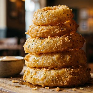 Könnte beinhalten: Ein Stapel goldbrauner Zwiebelringe, knusprig gebraten, liegt auf einem Holzbrett. Eine kleine Schüssel mit Dip befindet sich neben den Zwiebelringen. Das Essen ist eine klassische Vorspeise.