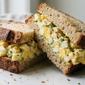 May include: A close-up of two halves of an egg salad sandwich on whole wheat bread. The filling is a creamy yellow with visible egg chunks and green herbs. Black pepper is sprinkled on top. Pickles are in the background.