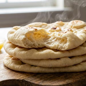 May include: A stack of freshly baked naan bread on a wooden chopping board. The naan is golden brown, with a slightly charred appearance and steam rising from the top. Bowls of food and herbs are in the background.