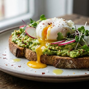 May include: A slice of toasted bread topped with mashed avocado, sliced radishes, and microgreens. A poached egg with a runny yolk sits atop the avocado. The dish is served on a white plate.