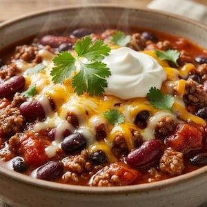 Könnte beinhalten: Eine Schüssel Chili mit Hackfleisch, Kidneybohnen, schwarzen Bohnen und geschmolzenem Käse, garniert mit einem Klecks saurer Sahne und frischem Koriander. Serviert in einer beigefarbenen Keramikschüssel.