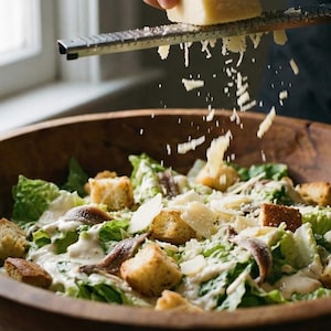 Puede incluir: Un cuenco de madera lleno de ensalada César, con lechuga romana, picatostes y anchoas. Se está rallando queso parmesano sobre la ensalada. La ensalada está sobre una mesa de madera cerca de una ventana.