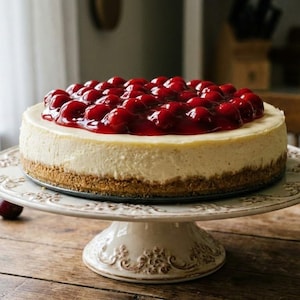 May include: A complete cheesecake with a biscuit base, topped with a layer of red cherry filling. The cake is on a white, ornate cake stand on a wooden table. Fresh cherries are scattered around the base of the stand.