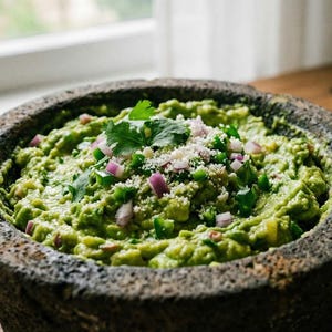 May include: A bowl of fresh guacamole, a vibrant green dip, is garnished with red onion, cilantro, and cheese. Tortilla chips and limes are visible on a wooden table, with avocados in the background. A delicious appetizer.