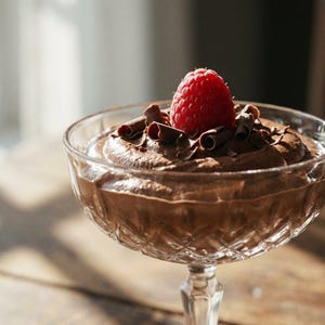Op de afbeelding: Een dessert van chocolademousse in een helder glas met voet. De mousse is gegarneerd met een verse rode framboos en chocoladeschaafsel. Het glas staat op een houten oppervlak, met zonlicht.