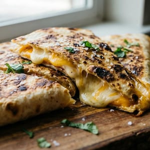 Puede incluir: Primer plano de una quesadilla cortada, que revela queso derretido. La tortilla es dorada con marcas oscuras de parrilla. Acompañada de guacamole y salsa sobre una tabla de madera. Cilantro fresco espolvoreado.