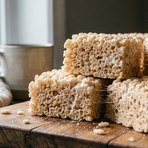May include: A stack of square rice crispy treats on a wooden chopping board. The treats are light brown with a textured, porous surface, and some have visible melted marshmallow. A ceramic mug and a window are in the background.