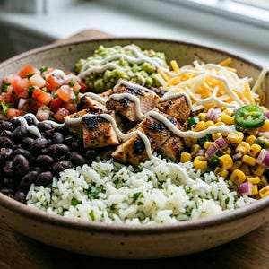 May include: A colorful bowl of food with various ingredients. It includes grilled chicken, black beans, rice, guacamole, shredded cheese, corn, diced tomatoes, and a jalapeño slice. The bowl is on a wooden surface.