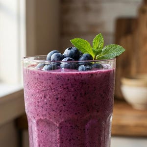 Puede incluir: Un vaso de vibrante batido de arándanos morado, adornado con arándanos frescos y hojas de menta. El batido es espeso y cremoso, lo que sugiere una bebida refrescante. El vaso se coloca contra un fondo de cocina borroso.