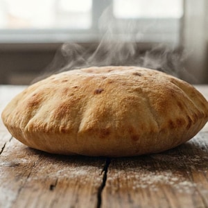 May include: A freshly baked, round pita bread, steaming gently, rests on a rustic wooden table. The bread has a golden-brown crust with darker spots, suggesting it's been baked to perfection. The scene evokes warmth and the aroma of fresh baking.