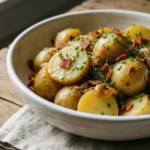 Puede incluir: Un cuenco de cerámica blanco lleno de patatas doradas, adornadas con cebollino picado y bacon crujiente. Las patatas se sirven sobre una mesa de madera rústica.