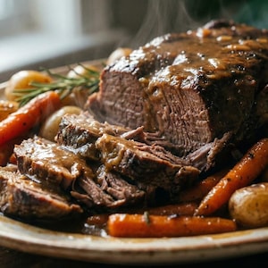 Puede incluir: Un plato de asado de carne en rodajas y cocido con salsa, rodeado de zanahorias asadas y patatas pequeñas. El vapor se eleva de la carne, lo que indica que está recién preparada. Unas ramitas de romero añaden un toque de verde al plato.