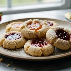 Könnte beinhalten: Ein Teller mit Daumendruck-Keksen mit Fruchtaufstrich. Die Kekse sind hellbraun mit einer Bestäubung aus Puderzucker. Einige haben eine rote Marmeladenfüllung, andere eine orangefarbene Marmelade. Frische Beeren und eine Erdbeere liegen neben dem Teller.