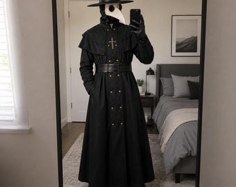 Halloween Mittelalterliches Kapuzengewand Pestdoktor Kostüm Maske Hut für Herren Mönch Cosplay Steampunk Priester Horror Zauberer Umhang Cape