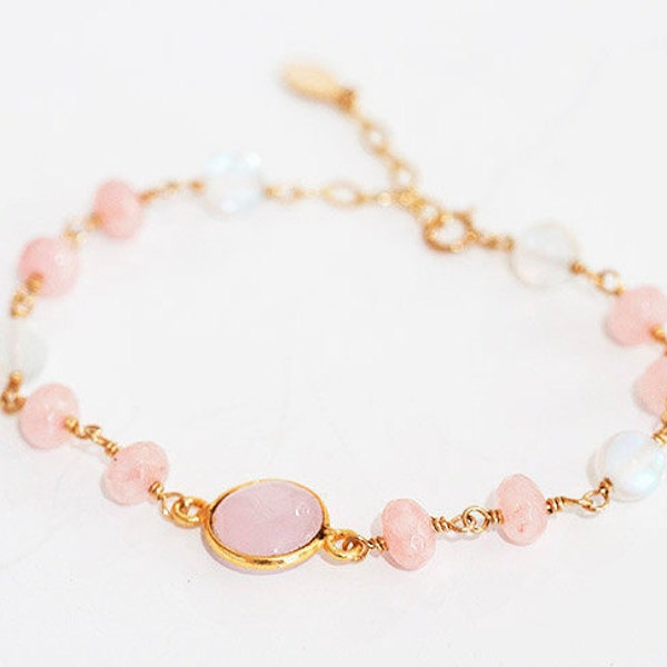 Rose Quartz Bracelet, Pink Stone Bracelet, Pink Jade Bracelet, Pink and White stone Bracelet, Weddings, Moonstone Bracelet, Romantic Jewelry