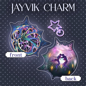 May include: A Jayvik Charm acrylic keychain featuring a front view of a colorful, abstract, web-like sphere and a back view showing two silhouetted figures touching hands inside a glowing, cosmic-themed orb, accompanied by a star-shaped metal clasp.