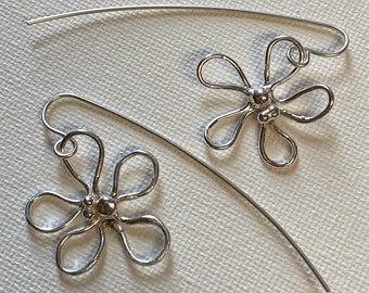 Delicate Silver Spring Flowers with Stems Wire Dangle Earrings