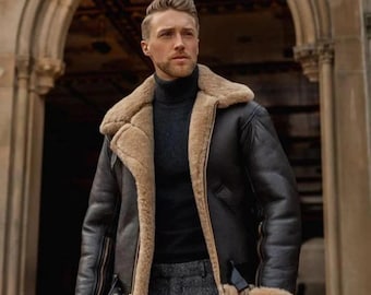 Handmade Shearling Leather Jacket for Men | Brown Aviator Winter Coat | Warm Sheepskin Bomber Style Outerwear | Premium Handmade