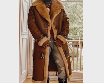 Handmade Men's Shearling Sheepskin Leather Coat – Vintage Long Winter Jacket with Fur Lining