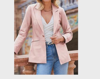 Handmade Women’s Pink Lambskin Leather Blazer – Button Front Coat, Elegant Slim Fit Jacket