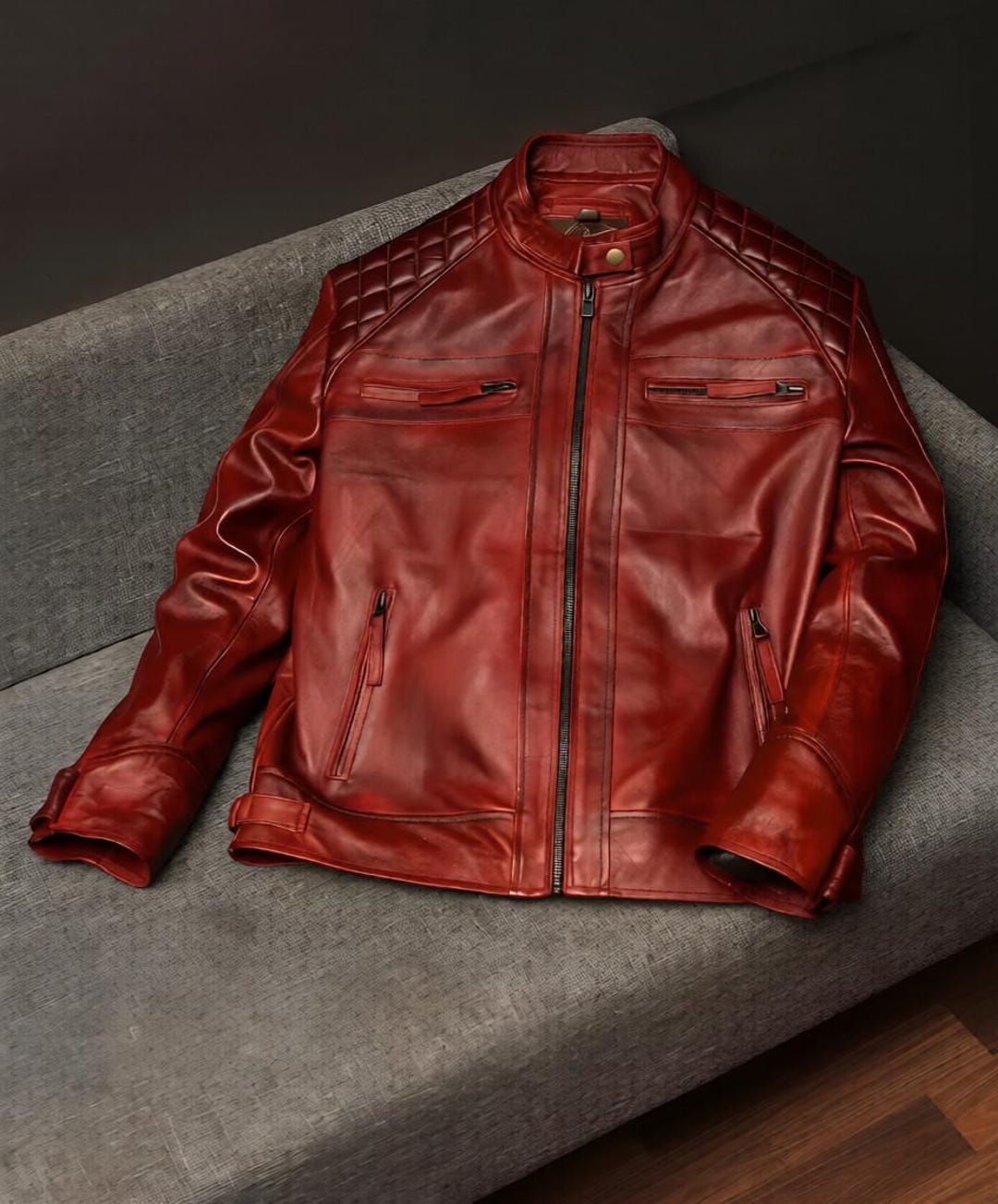 Men’s Red Leather Cafe Racer Jacket – Vintage Quilted Motorcycle Biker ...