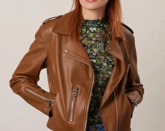 Giacca da motociclista in vera pelle di agnello marrone da donna – Giacca da motociclista elegante fatta a mano