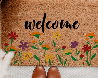 Wildflowers Welcome Mat, Floral Welcome Doormat,Personalized Colorful Floral Doormat, Spring&Summer Front Porch Decor,Cute Housewarming Gift